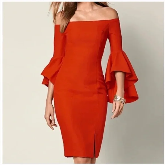 VENUS Dresses Venus Red Orange Long Bell Sleeve Midi On Or Off - Main Image